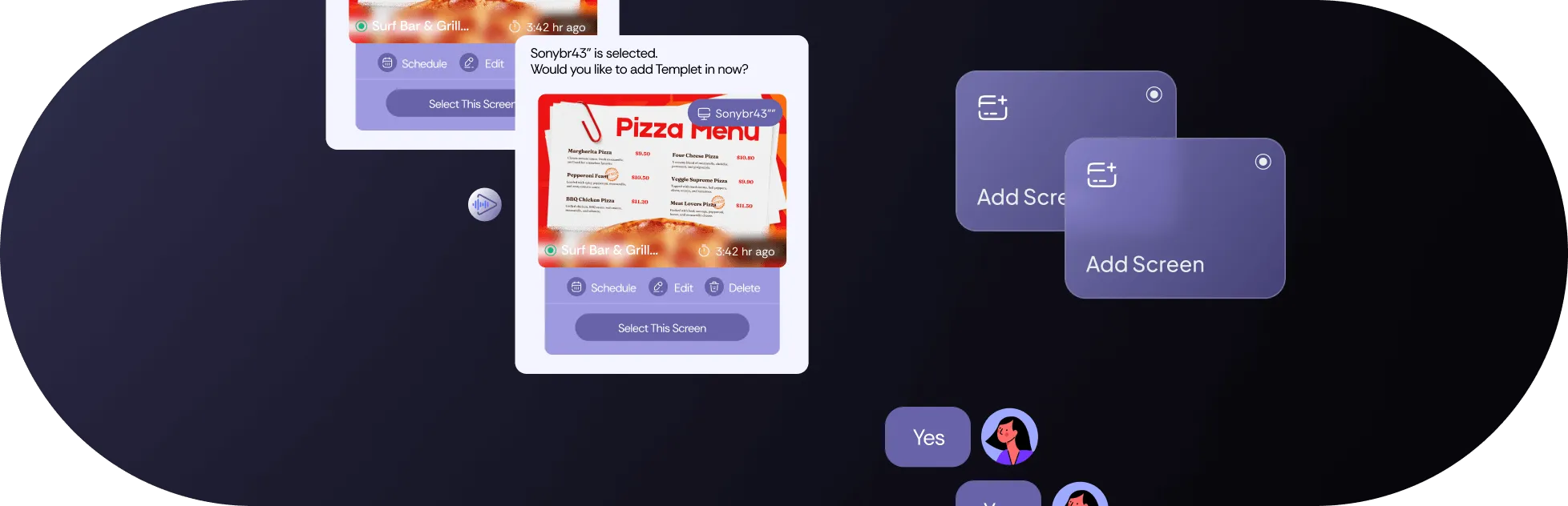 Screen cards in the dashboard — a pizza menu playing on a paired screen, with Schedule, Edit and Add Screen actions